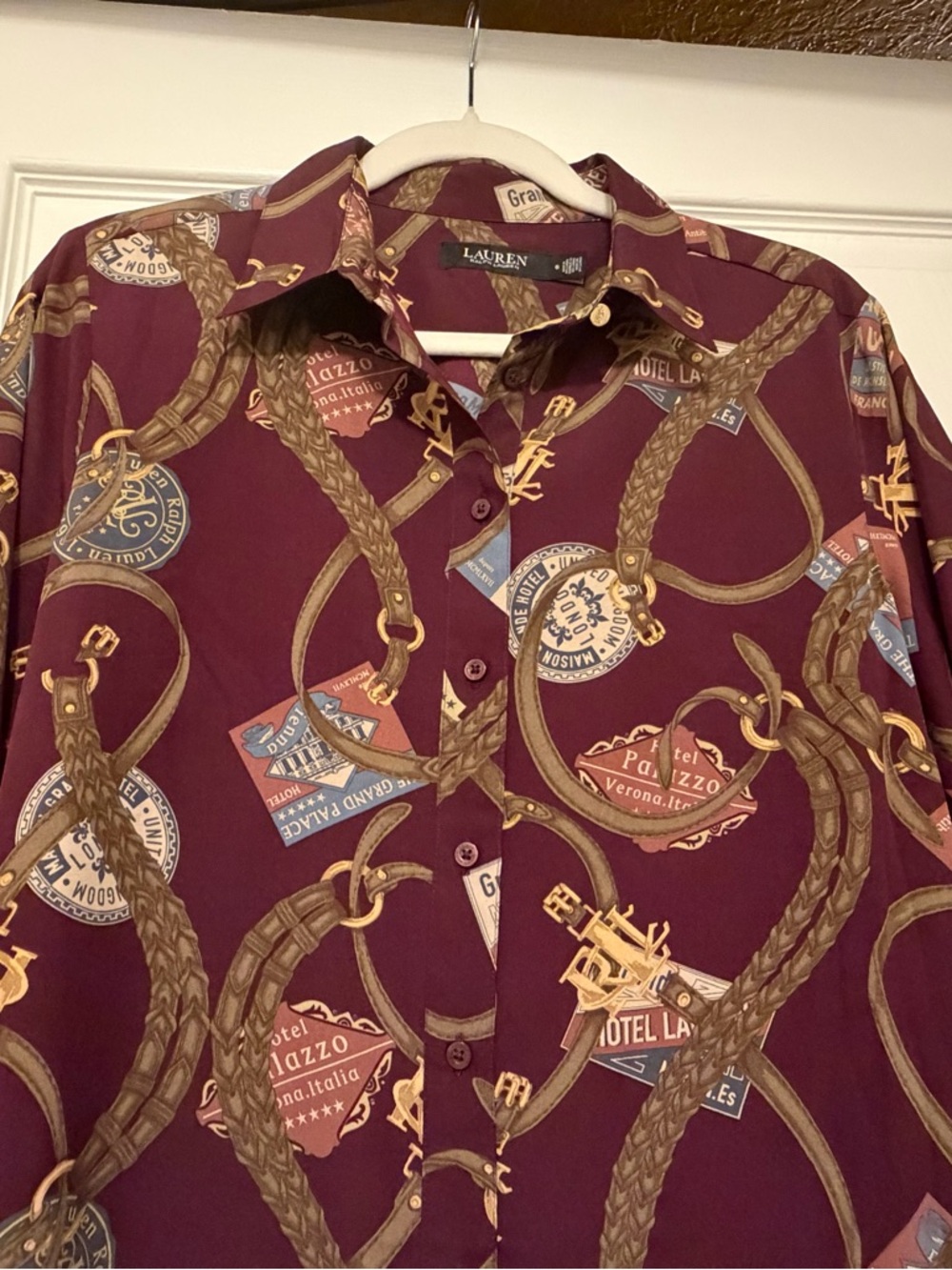 Long-Sleeve Burgundy Printed Tie-Waist Shirt Dress - Picture 4 of 10